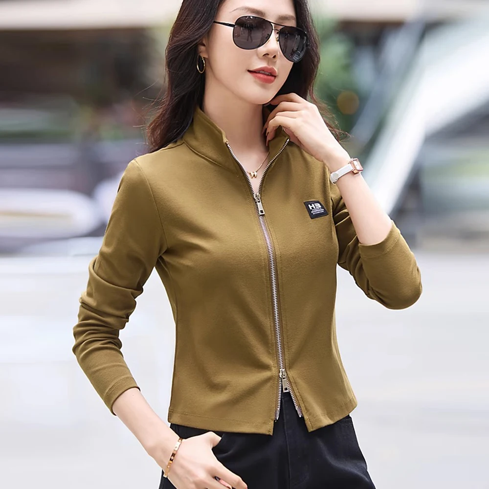 

European Station Long sleeved T-shirt Women's Spring and Autumn New High end Light Luxury Casual Standing Collar Cardigan Coat