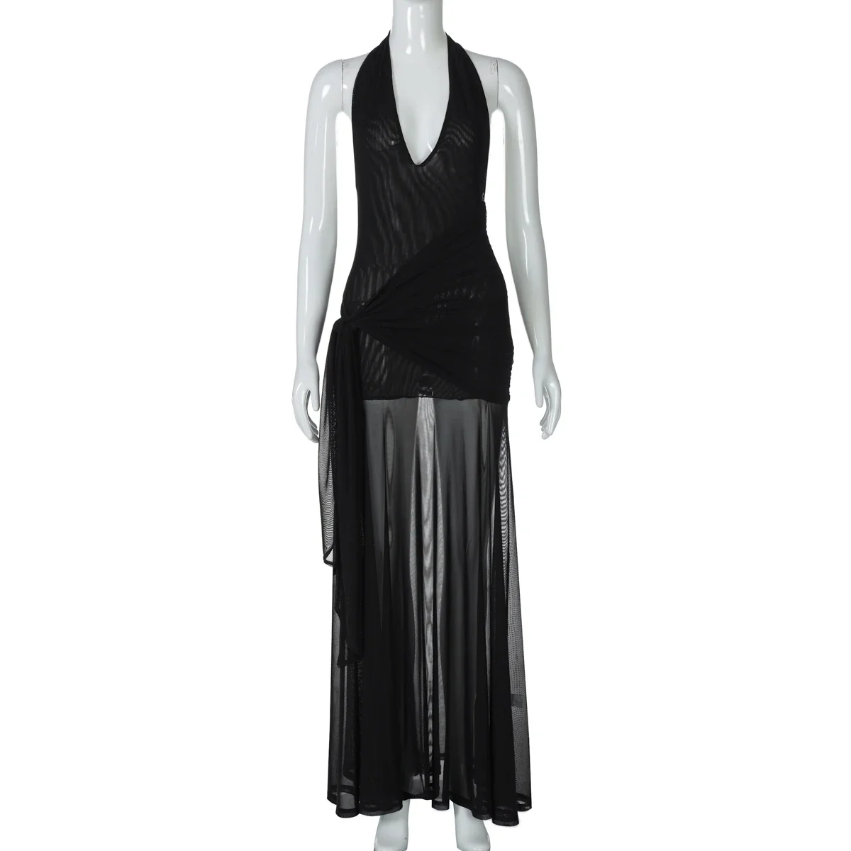 2025 Nuovo senza maniche Halter Backless Lace Up Increspato Patchwork Sheer Mesh Abito lungo fino al pavimento Solido Vestito sexy Party Club Estate