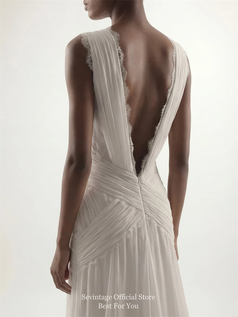 Sevintage Bohemian Chiffon Wedding Dresses Dark V-Neck Sleeveless Bridal Gowns Backless Pleated Lace A-Line Wedding Gowns Custom image 3