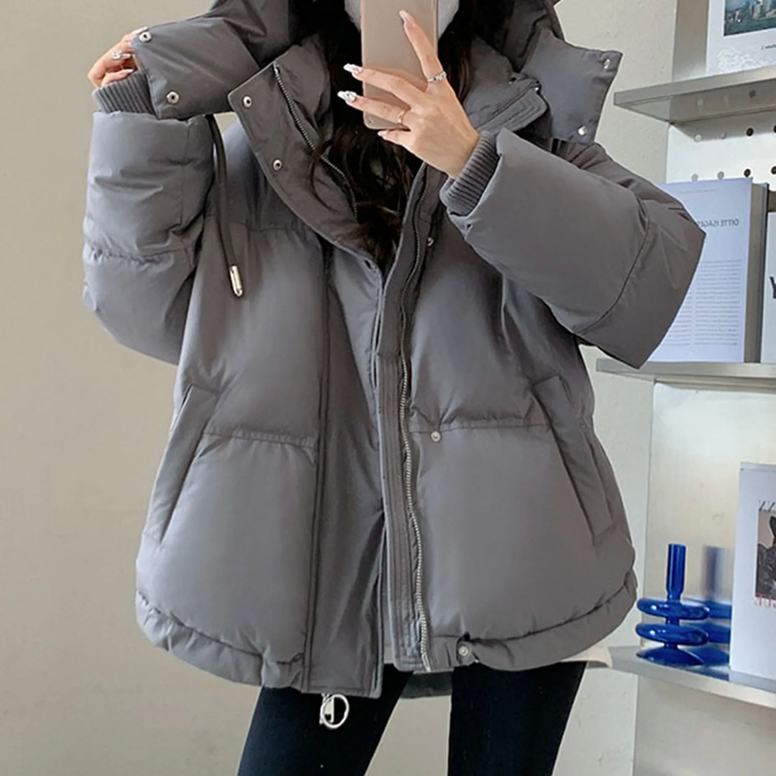 

Black Loose Puffer Jacket Women'S Cotton Coat With Heart Print Short Style Fashionable Hooded Winter Grey Coat