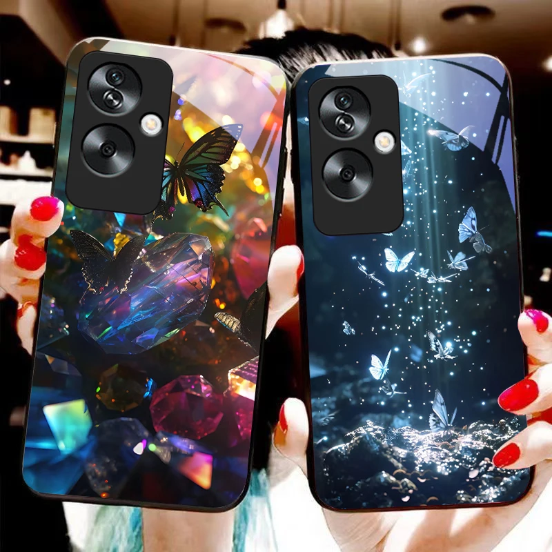 Gradient Butterfly For Oppo A79 5G 58 78 74 60 4G Reno 11F Realme GT 6 11 Note 50 10 C55 X2 Tempered glass black phone case