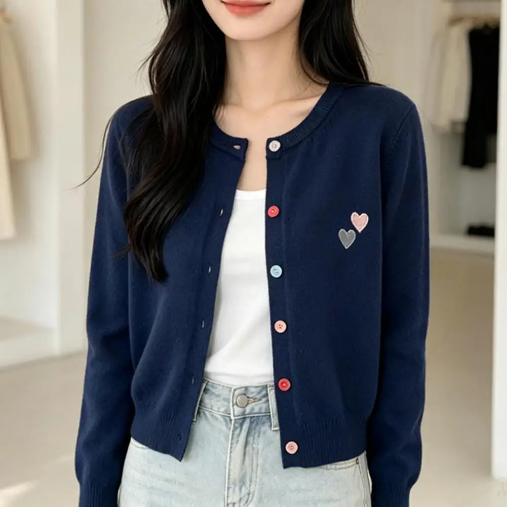 Women Button Front Cardigan, Embroidery Love Heart Open Front Jacket, Round Neck Long Sleeve Cropped Top for Autumn Spring