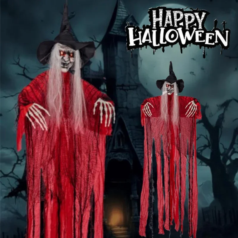 1PC Halloween Witch Hanging Ghost Sound Control Light Up Red Witch Ghost Horror Hanging Ghosts Decoration for Party Haunted
