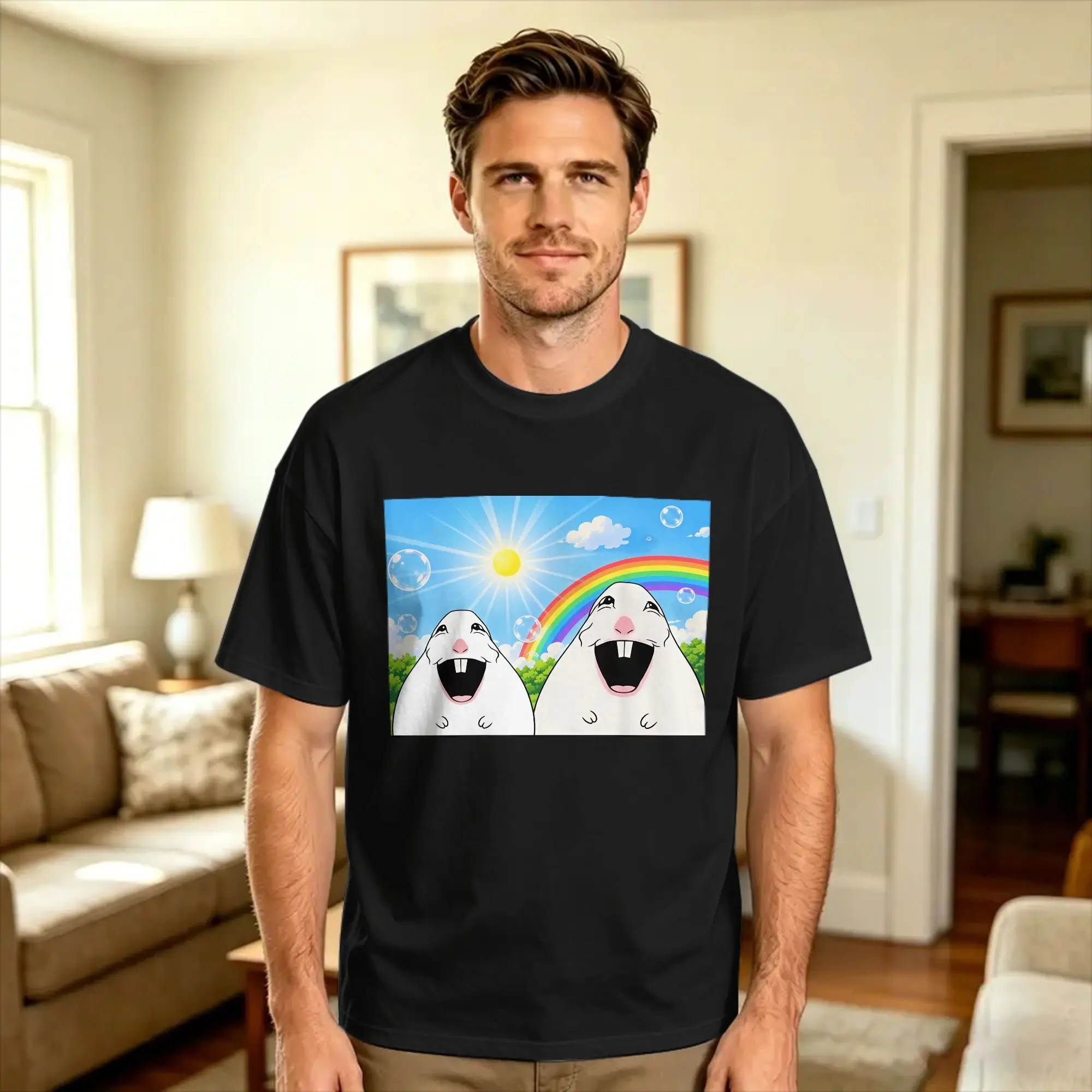 Funny Happy Hamster Creature Rainbow Sunshine Meme Cotton T Shirt For Men's Summer  Funny T Shirts Harajuku Tees Custom DIY Tops