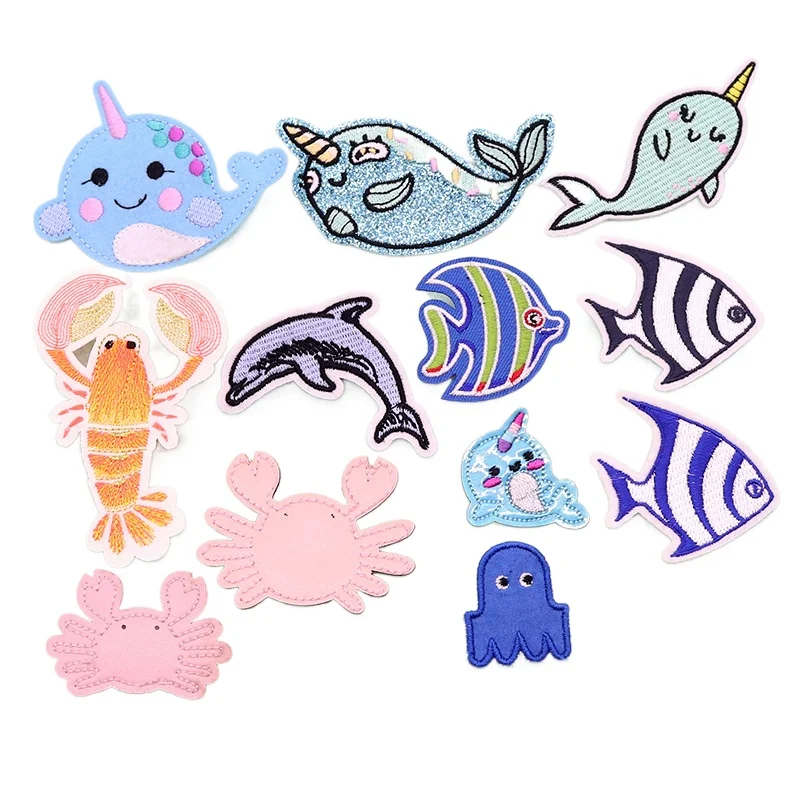 50pcs/Lot Luxury Embroidery Patch Dolphin Tropical Fish Crab Whale Jacket  Clothing Decoration Accessory Craft Diy Applique