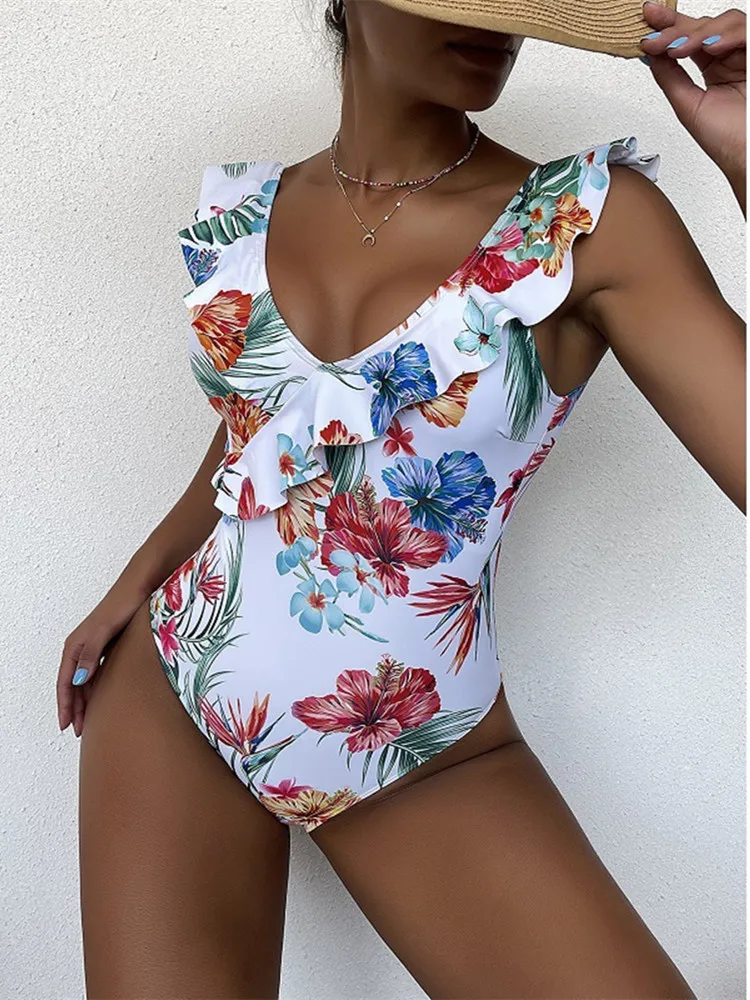 Sexy Micro Bikini One Piece Swimsuit Women 2024 Swimwear Vintage Bathing Suit Shoulder Ruffle Swmiming Suit Backless Monokini