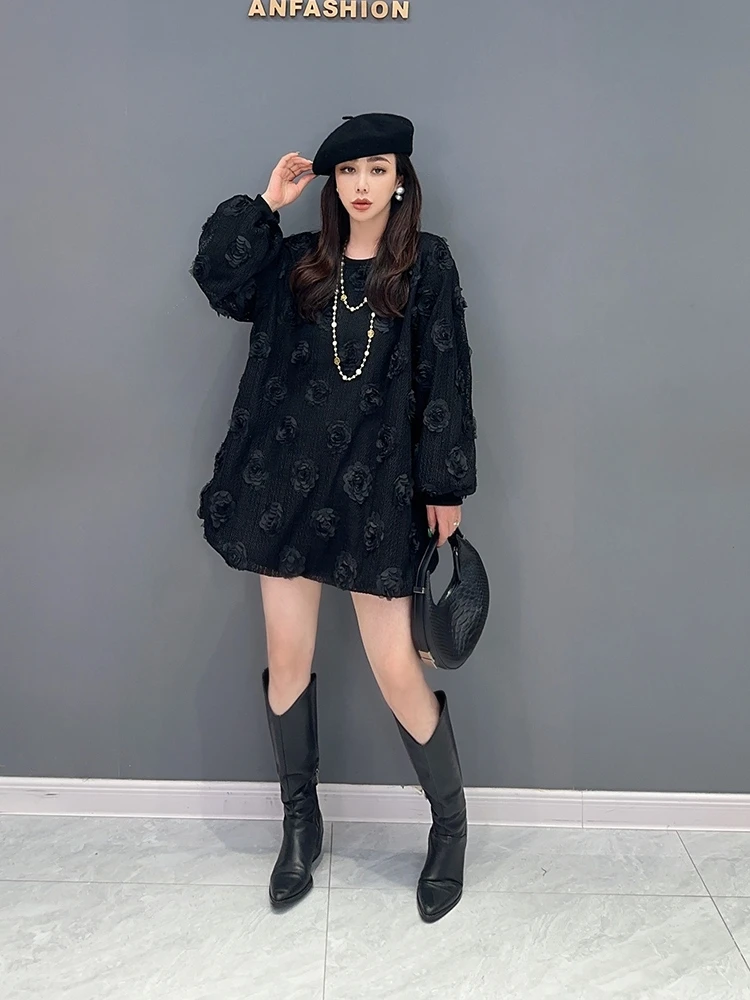 Vefadisa 2024 Spring Summer New Black Korean Style Casual Pullover Tridimensional Flower T-shirt Women One Piece Top ZXF359BF1