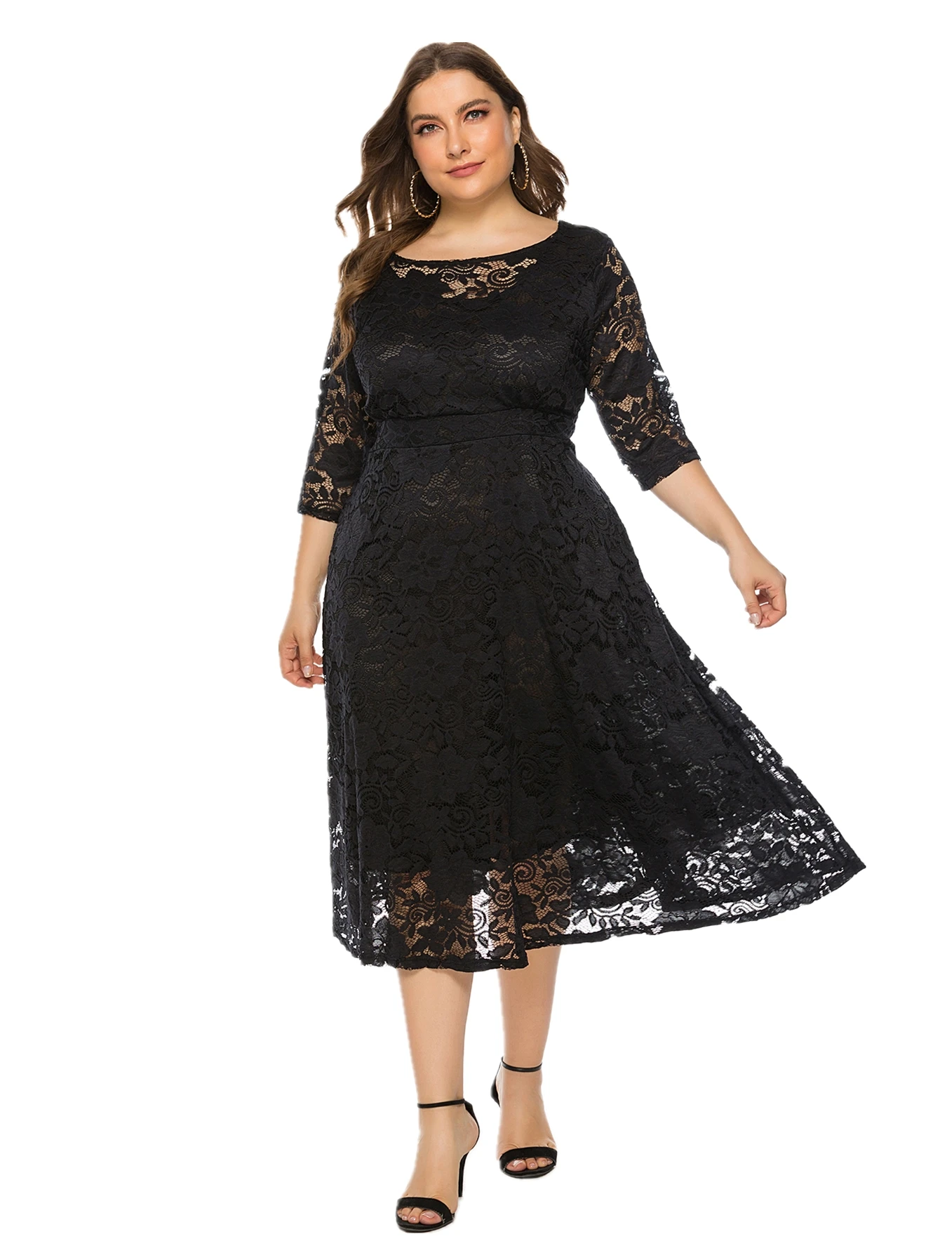 Plus Size Contrast Lace Half Sleeve Semi Sheer Midi Prom Party Wedding Evening Dress For Women