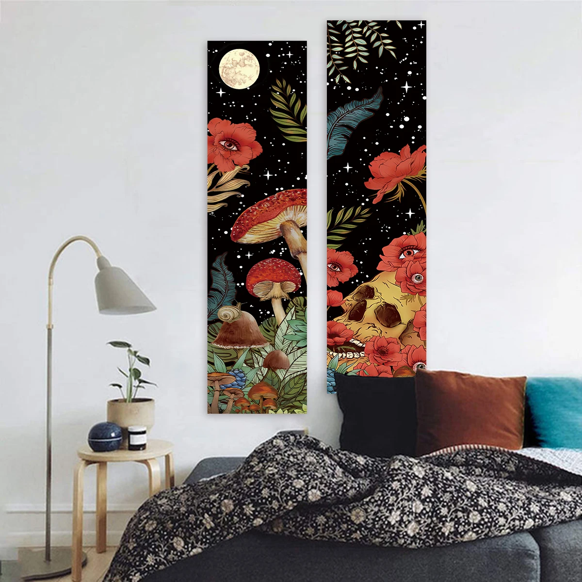 Moon Starry Sky Skull Wall Decoration Floral Mushroom Vertical Tapestry Wall Hanging For Living Room Bedroom Home Room Decor