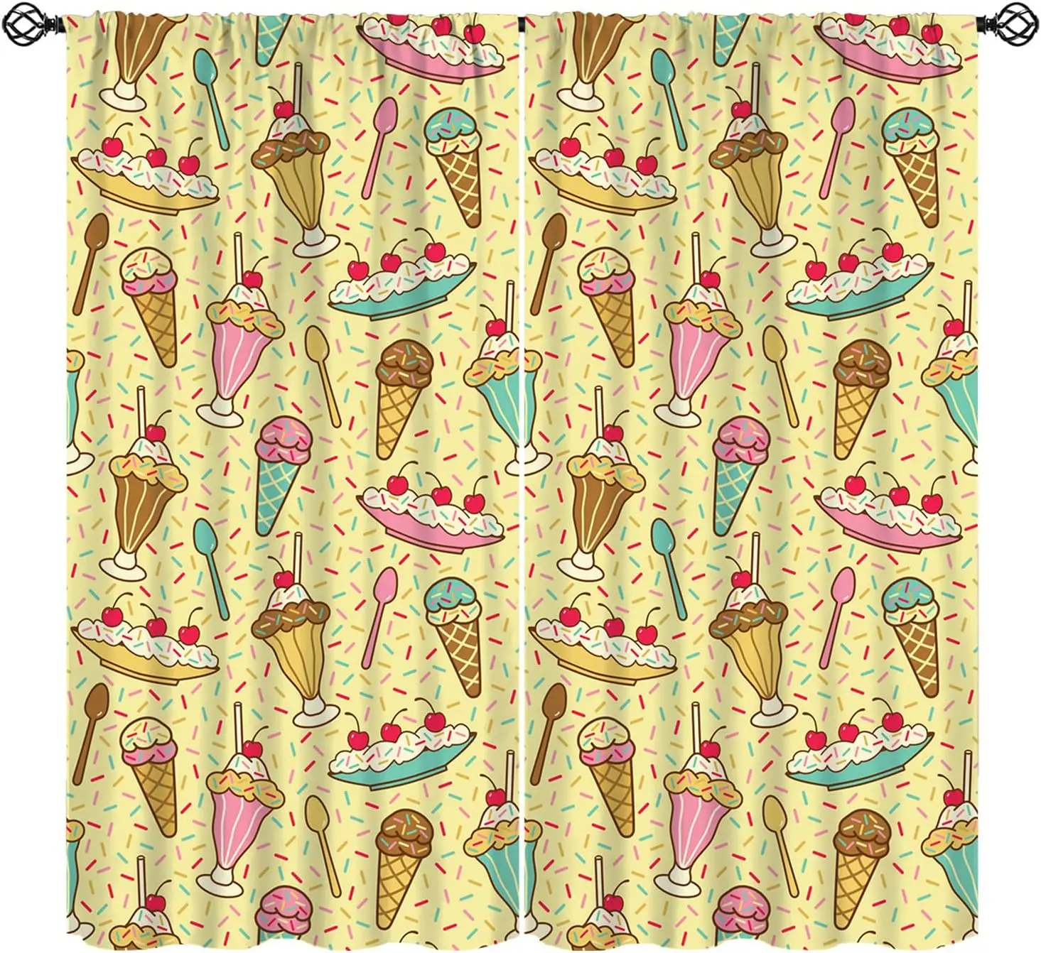 Vintage Ice Cream Curtain 2 Panels, Mixed Cone Milkshake Banana Split Sprinkle Pattern Yellow Base For Girls Bedroom Curtain