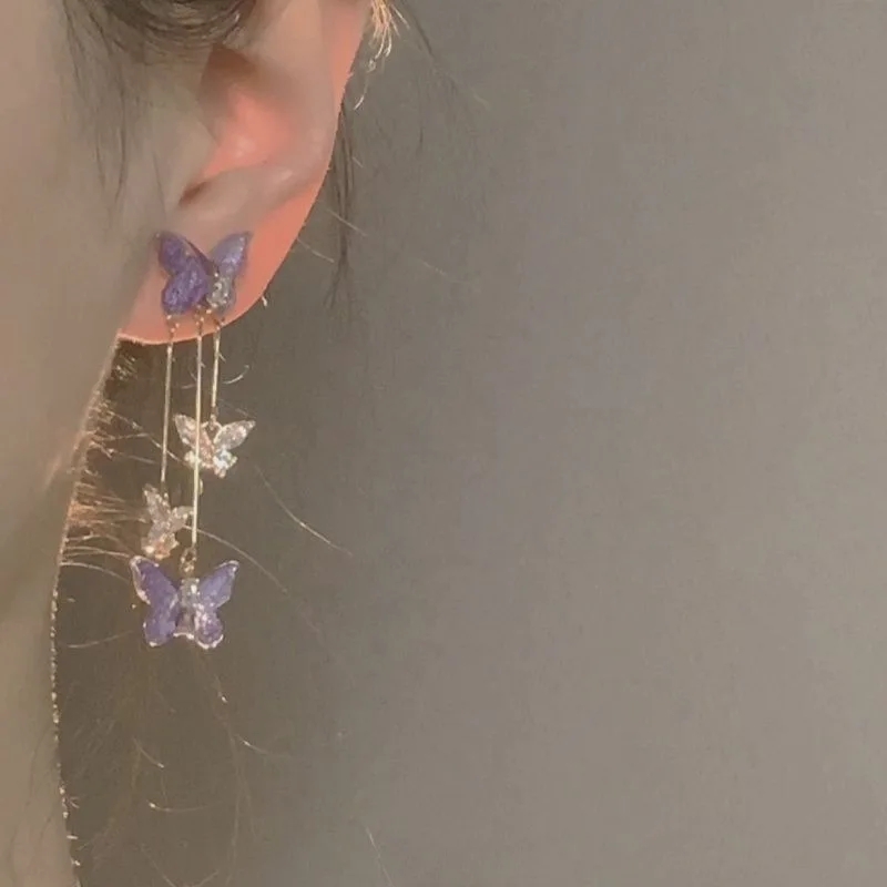 Romantische lila Schmetterling Tropfen Ohrringe für Frauen glänzende Strass Kristall lange Quaste Ohrringe zarte Hochzeit Party Schmuck – Detail 10