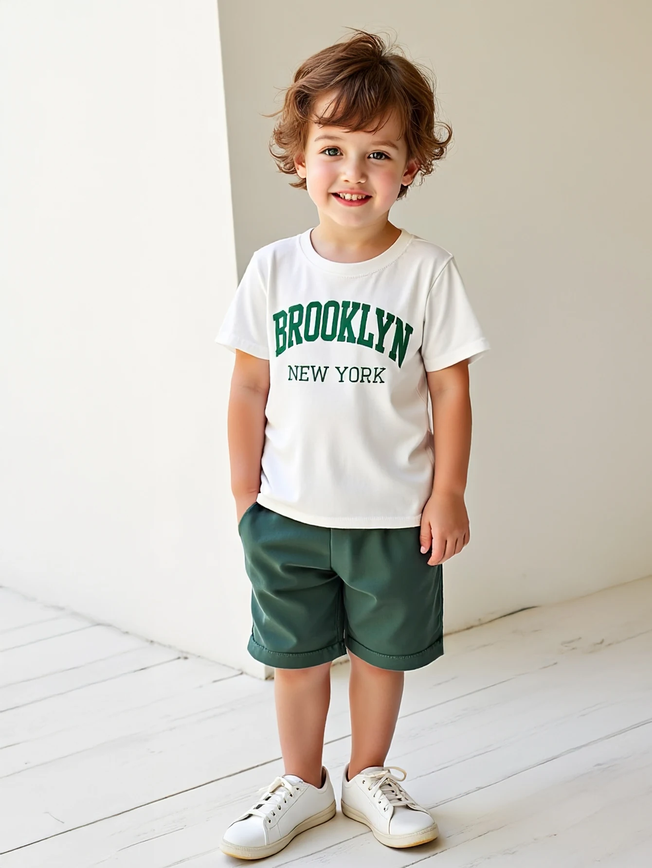 Conjunto de camiseta y pantalones cortos informales de verano de 2 piezas para niños, camiseta con estampado "Brooklyn New York", pantalones cortos verdes, zapatillas blancas, tela de poliéster