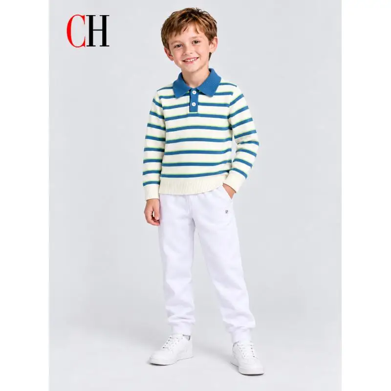 CH Kids Straight Leg Pants Elastic Waistband Side Pockets Soft Knit Fabric Chest Embroidery Daily School Wear Boys Girls