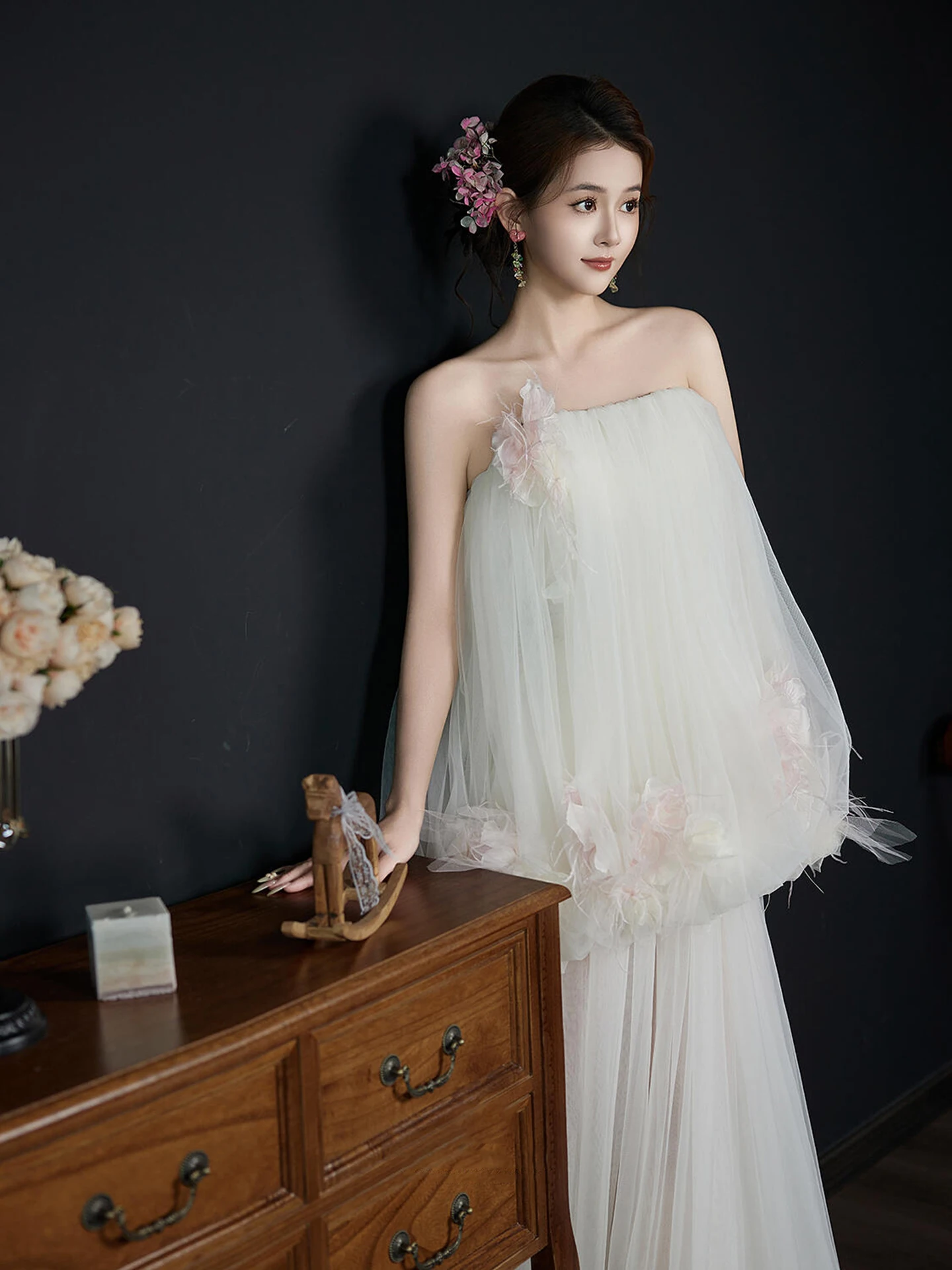 Fee-avondjurk Strapless baljurk Galajurk Feestjurk met veters aan de achterkant Roze appliqué