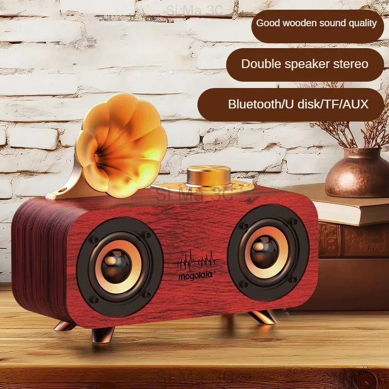 

Retro Wooden Double Horn Stereo Subwoofer Loud Volume Wireless Bluetooth Speakers Card U Disk Mobile Phone Computer Loudspeaker