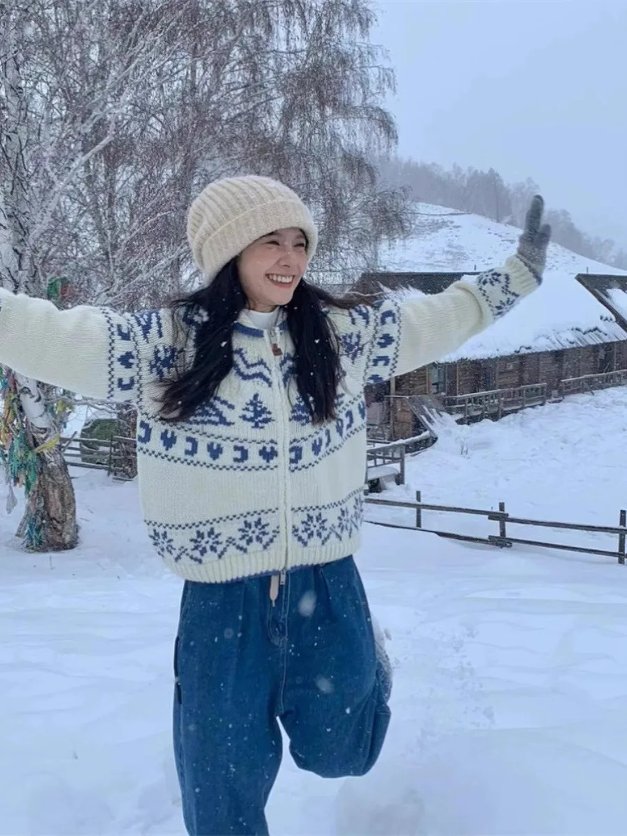 Nordique rétro Fair Isle Cisas arbre tricoté pull ample femmes Cardigan manteau automne hiver Faion décontracté Sle