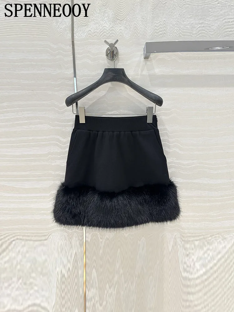 SPENNEOOY Fashion Runway Summer Party Black Sexy A-Line Mini Skirt Women's Elastic Waist Slim Gorgeous Fur Hem Short Skirt