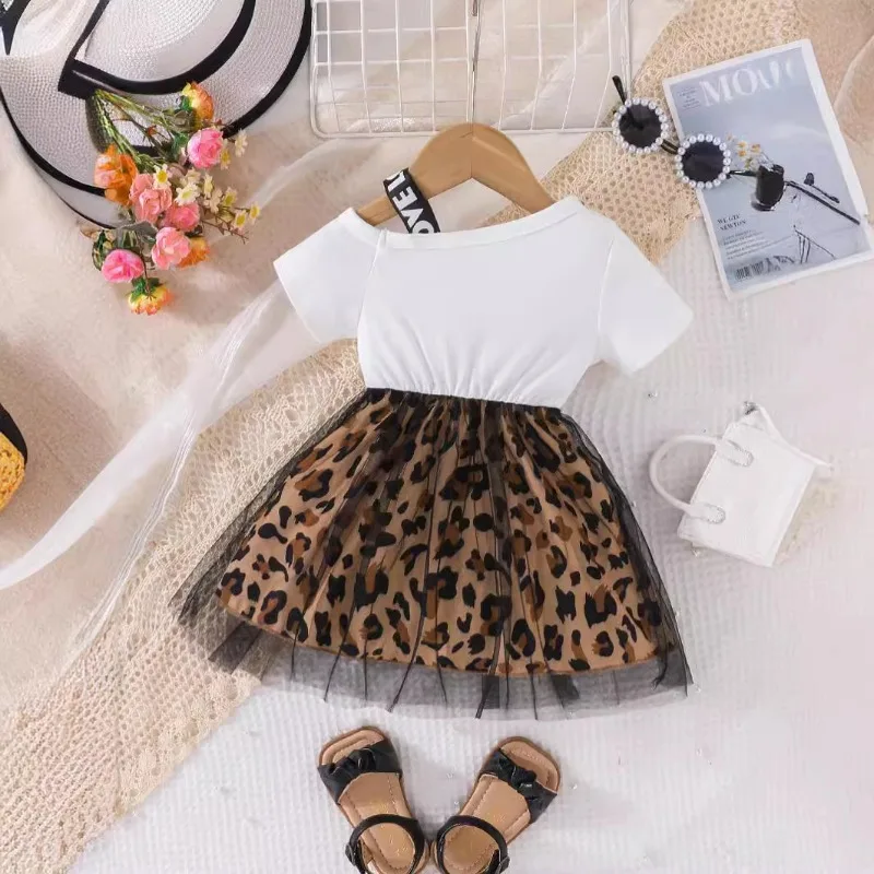 6M-3Y Summer Kids Girls Dress Short-sleeved High And Low Off-shoulder Halter T-shirt Patchwork Leopard Print Lace Children Skirt