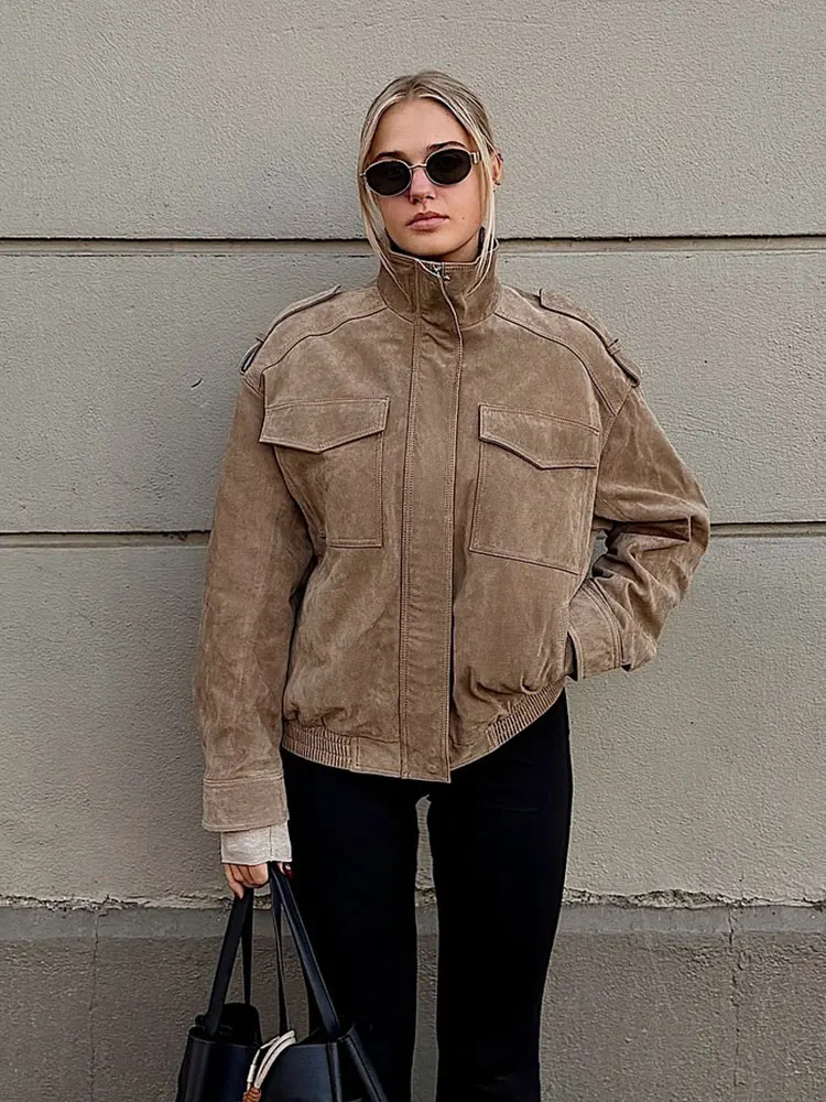 

HH женская мода цвета хаки, замшевое пальто, водолазка, куртки на молнии с длинными рукавами и карманами, осень 2021, винтажная уличная верхняя одежда, топ