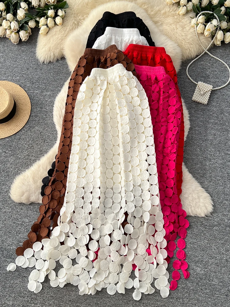 

Korean Sle High Waist A-Line Midi Skirt Hollow out Tassel Trim Women's Commuter Skirt Spring Season Faion Ladies Skirts