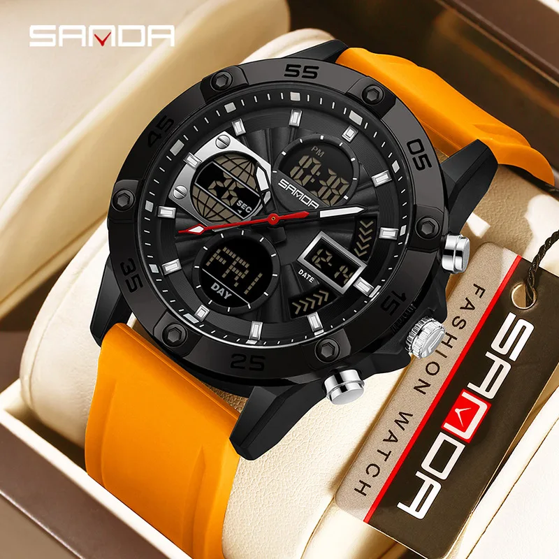 

SANDA new 6239 fashionable men's sports watch with dual displays and dual movements, multifunctional 5ATM waterproof gift