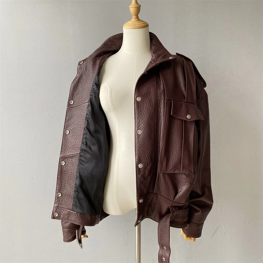Jxwatcher Schaffell-Lederjacke für Damen, 2025, Herbst, neue Ankunft, Blasen-Ledermantel, Damen, lockeres Revers, volle Ärmel, Jacken