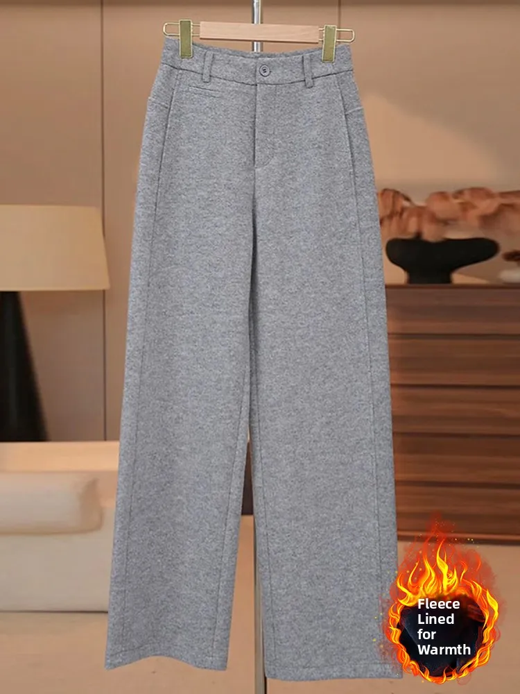 Thiened Fce Pantaloni di lana a gamba dritta a vita alta Pantaloni casual da donna Autunno Inverno Nuovo Sle Dimagrante Gamba larga allentata...
