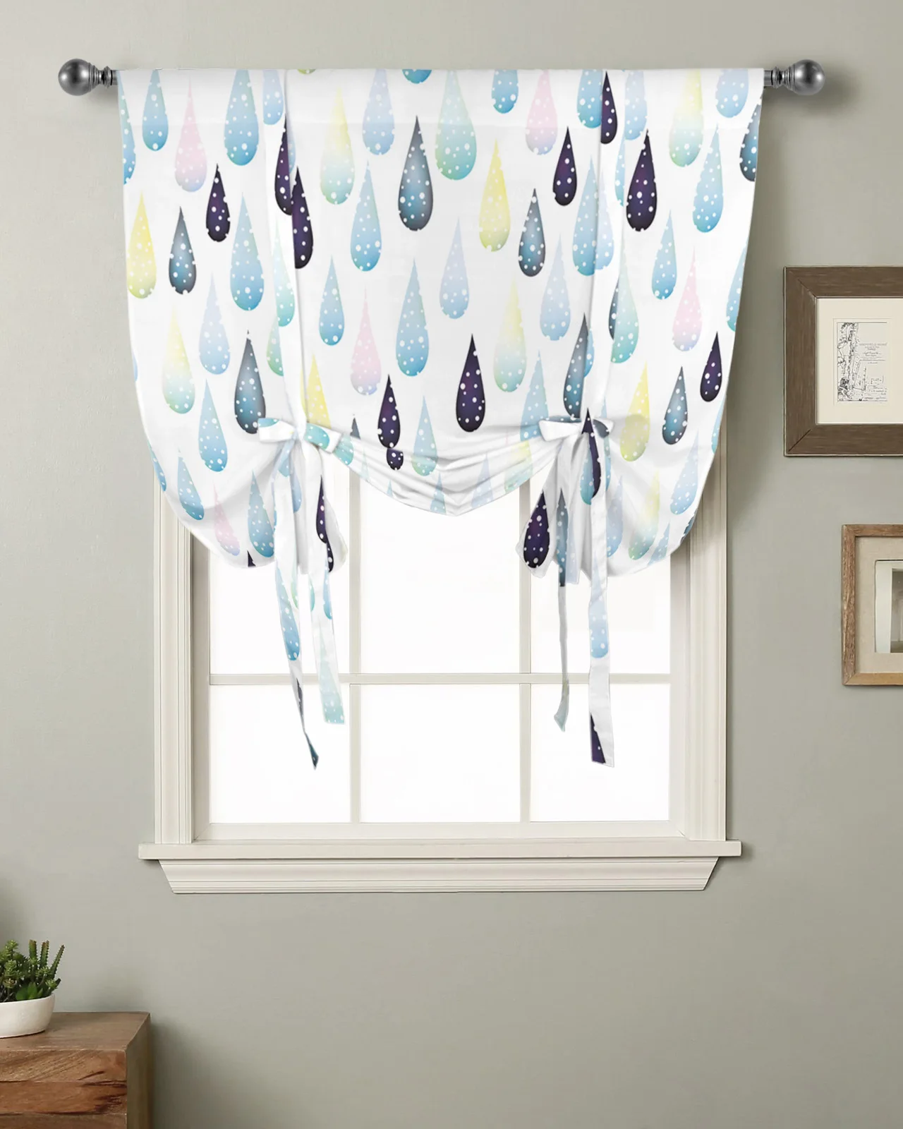 Watercolor Style Raindrop Pattern Window Curtain for Living Room Roman Curtains for Kitchen Cafe Tie Up Short Drapes