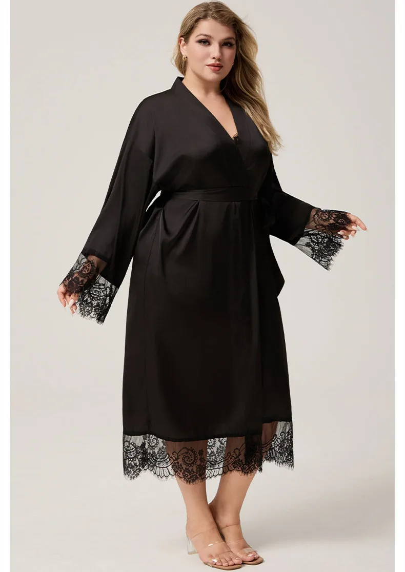 

Black Women Lace Trim Long Sleeve Robe Nightwear Kimono Bathrobe Satin Sleepwear