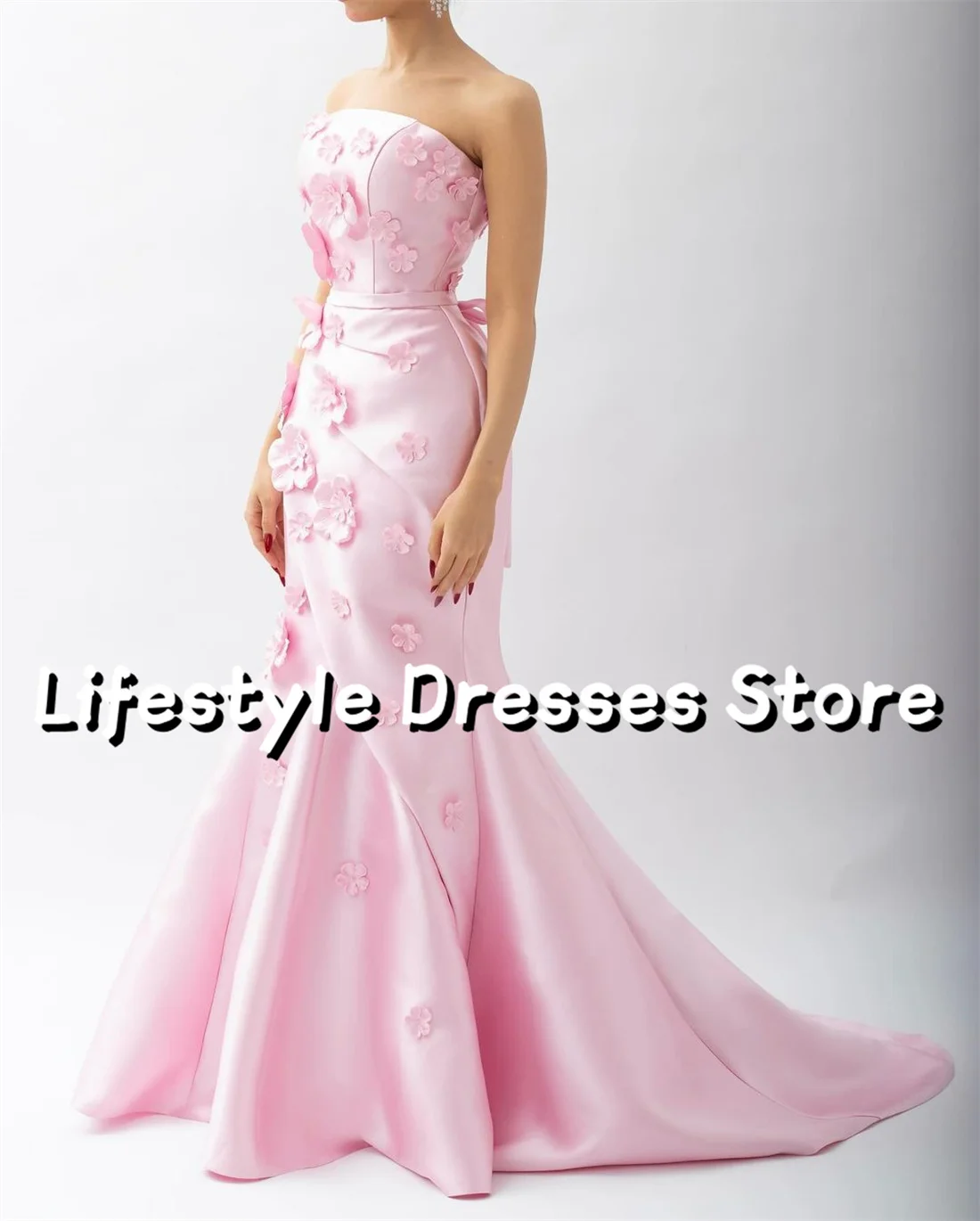 Customized Strapless Pink Satin Mermaid Evening Dresses 2024 3D Flowers Party Gown Lace-up Sleeveless Prom Gown vestidos de gala