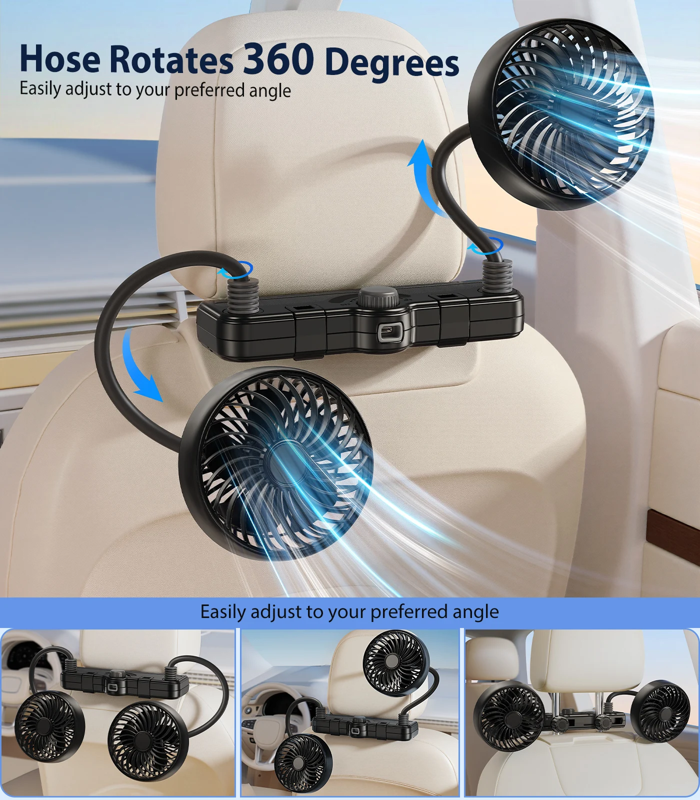 

Вентилятор Eary с двумя головками для автомобиля, с двумя крючками, вращающийся на 360°, для охлаждения лошадей, домашних животных и детей, для передних и задних сидений автомобиля