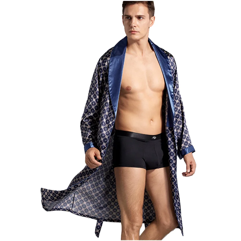 Men's Satin Silk Robe Summer Silk Long Sleeved Print Pajamas Nightgown Loose Kimono Bathrobe Dressing Gown