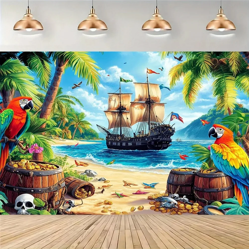Pirate Ship Parrot Gold Coin Docking Style Party Background, Adult and Children's Birthday Party Decoration Photography Backdrop