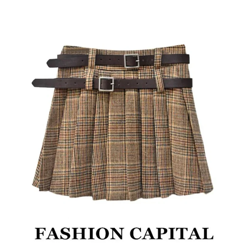 

Fashion England College ~ Berkeley College GE Autumn and Winter Miu Series Plaid High Waist A Word Half Pleated Short dress