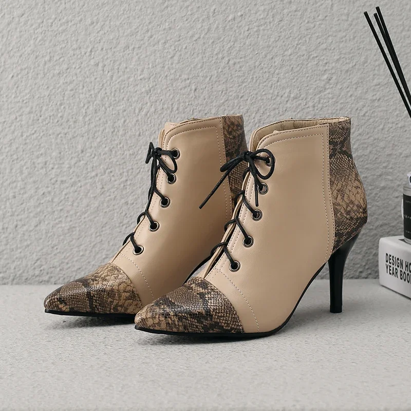 

Winter PU leather sexy thin high heel short ankle boots size 46 lace up serpent skin print woman stilettos booties fashion shoes