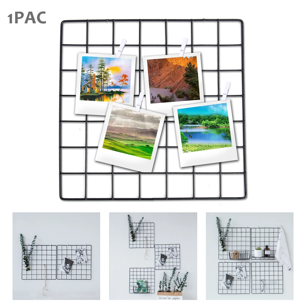 

Hanging Photo Frame Metal Wall Mesh Grid Bedroom Living Room Iron Photos Storage Rack Home DIY Decoration (Black)