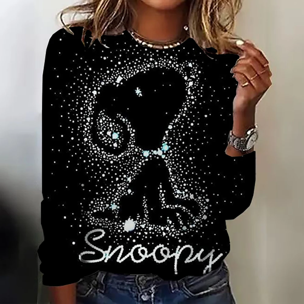 Women\'s autumn round neck Snoopy print slim fit long sleeved casual T-shirt women\'s street fashion outfit 2024 trend