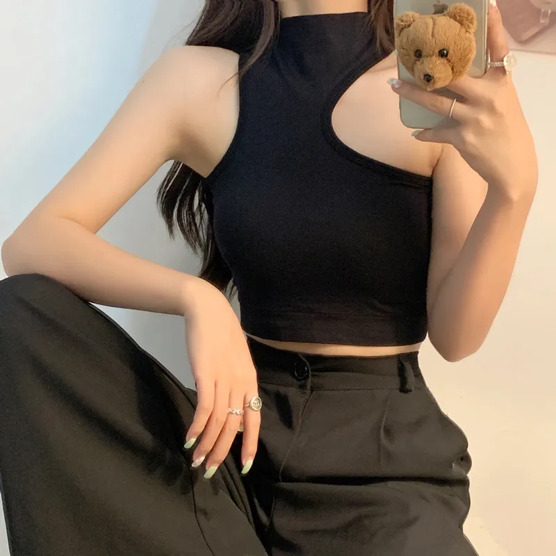 Sexy Trendy Neck Hanging Vest Women's Half High Collar Sleeveless Slim Fit Shoulder Exposure Chest Pad Wrapped Chest Top