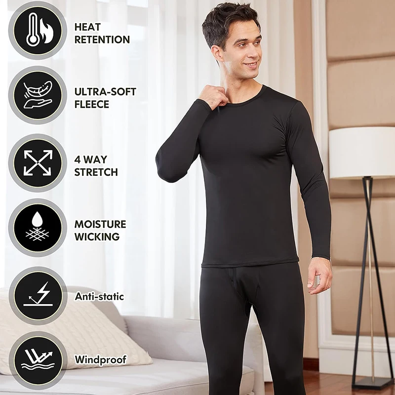 Thermal Underwear Sets for Men Thermo Long Johns Warm Shirt Long Sleeves Base Layer Set for Cold Weather Top Bottom Plus Size