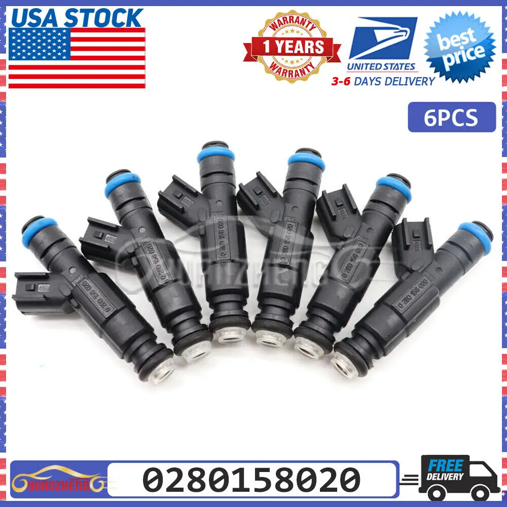 0280158020 Pack 6x Fuel Injectors Nozzle For Dodge Dakota Nitro Durango RAM 1500 Mitsubishi Raider Jeep Liberty Commander 3.7L