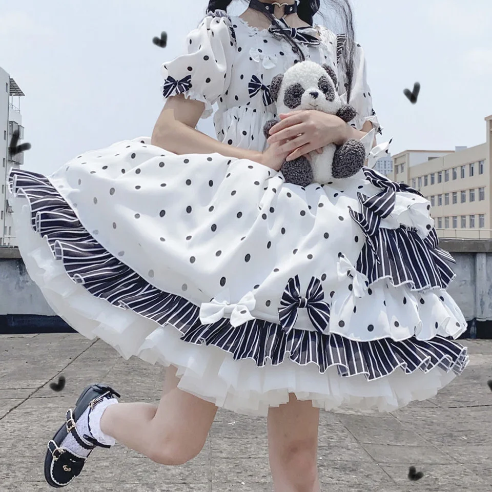 Vestido Lolita de manga curta com o pescoço, Vaca Pérola, Jardim, bolinhas, Diário, Roupa macia, Harujuku, Gótica, Edição de verão