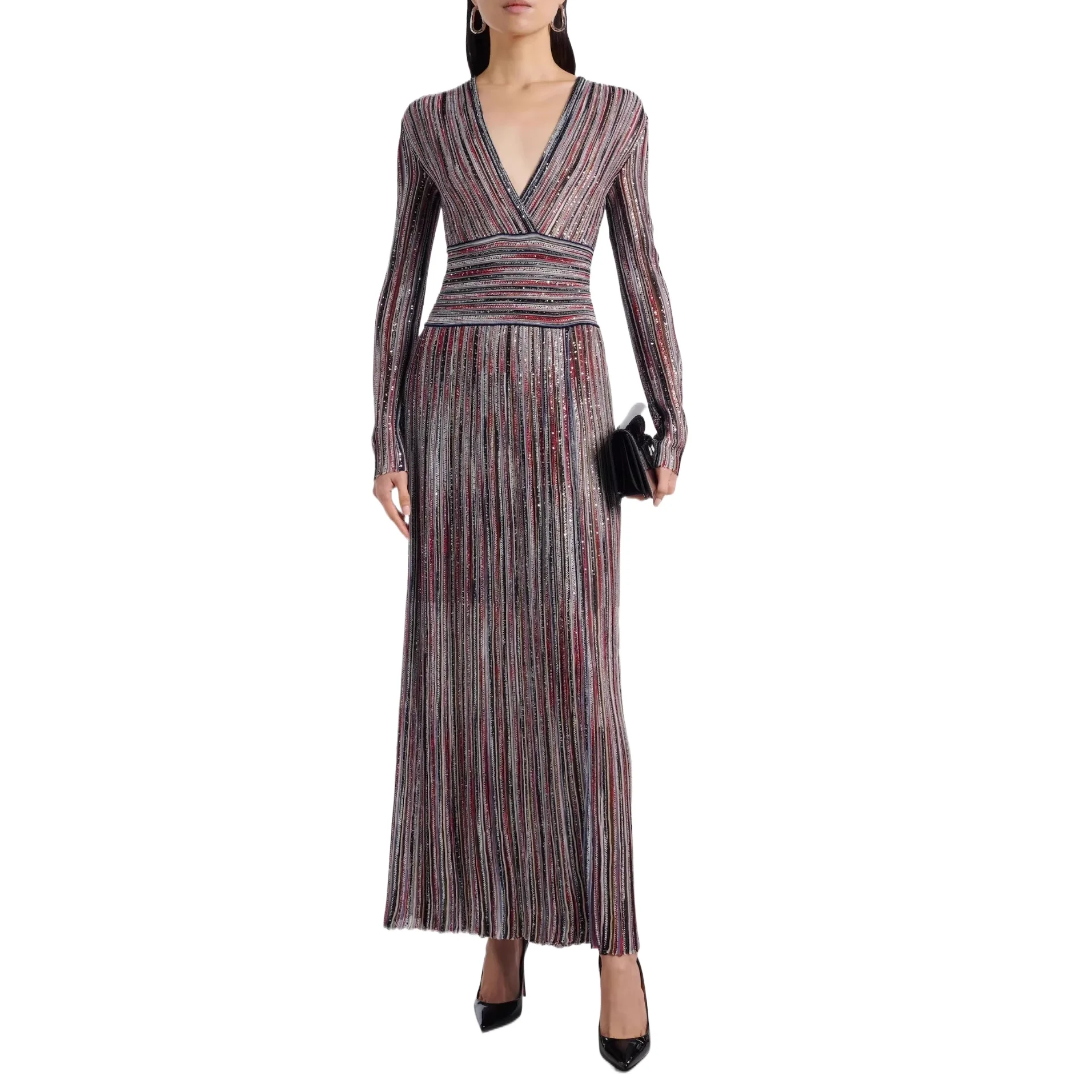 2026 Autumn Women’s Slimming V-Neck Rainbow Stripe Gradient Dress Stretch Knit Maxi Dress Office Wear Waist Knitted Dresses