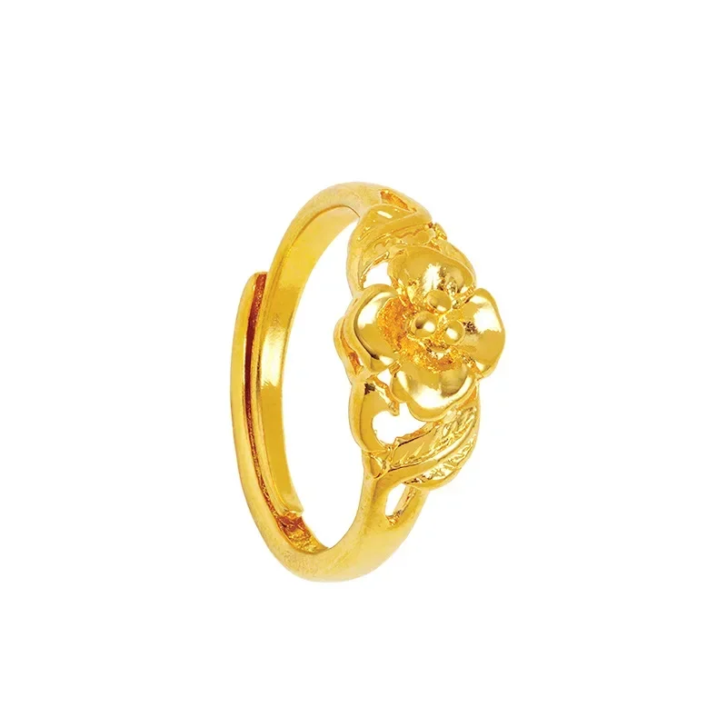 Real 18K Gold Color Ring for Women\'s Vintage Glossy Flowers Ring for Girlfriend Fashion Birthday Wedding Engagement Gifts