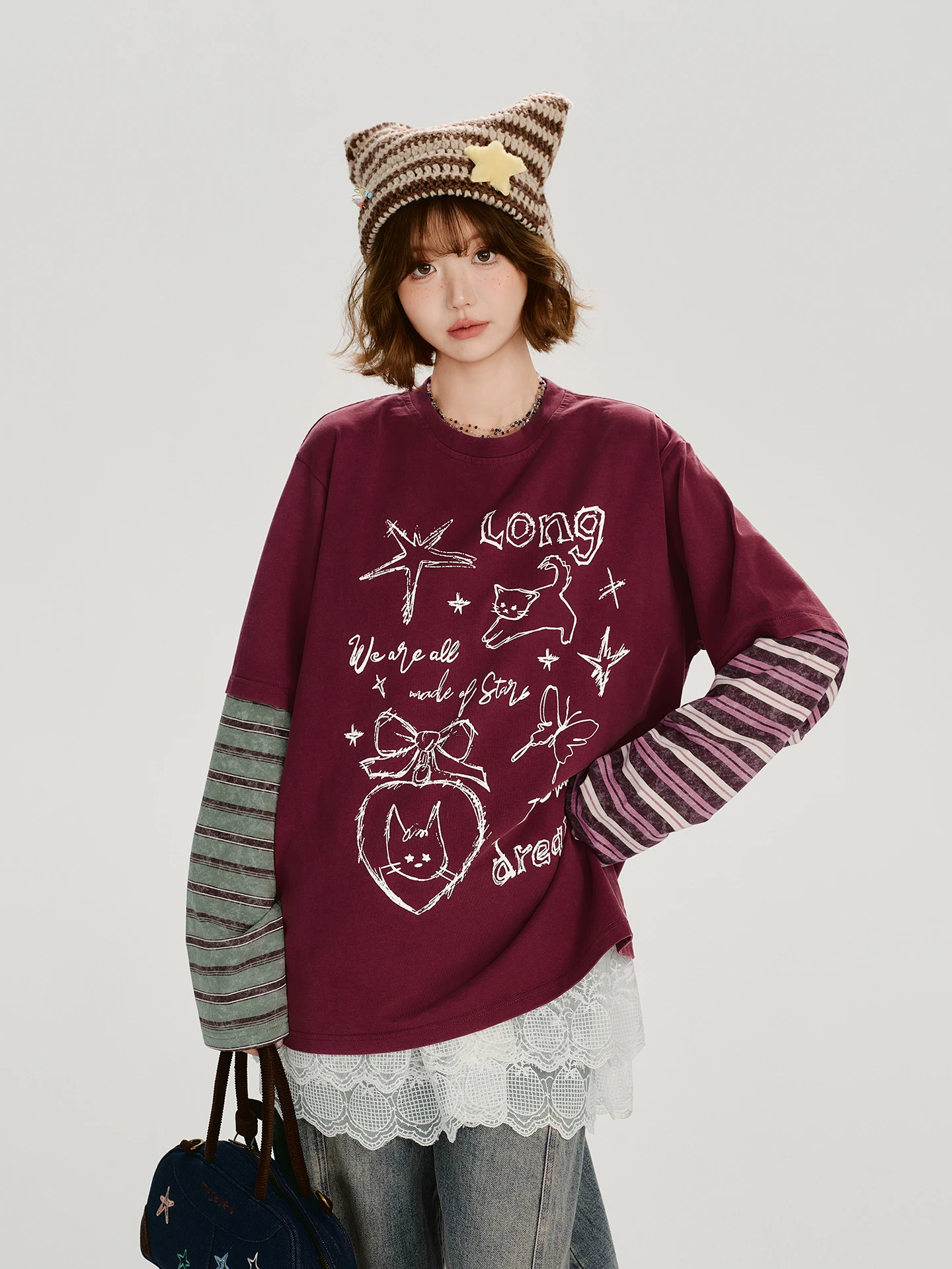 

Girly American Retro Print Fake Two-Piece Long Sve T-irt Women Loose Top Design Sensation Autumn New Sle