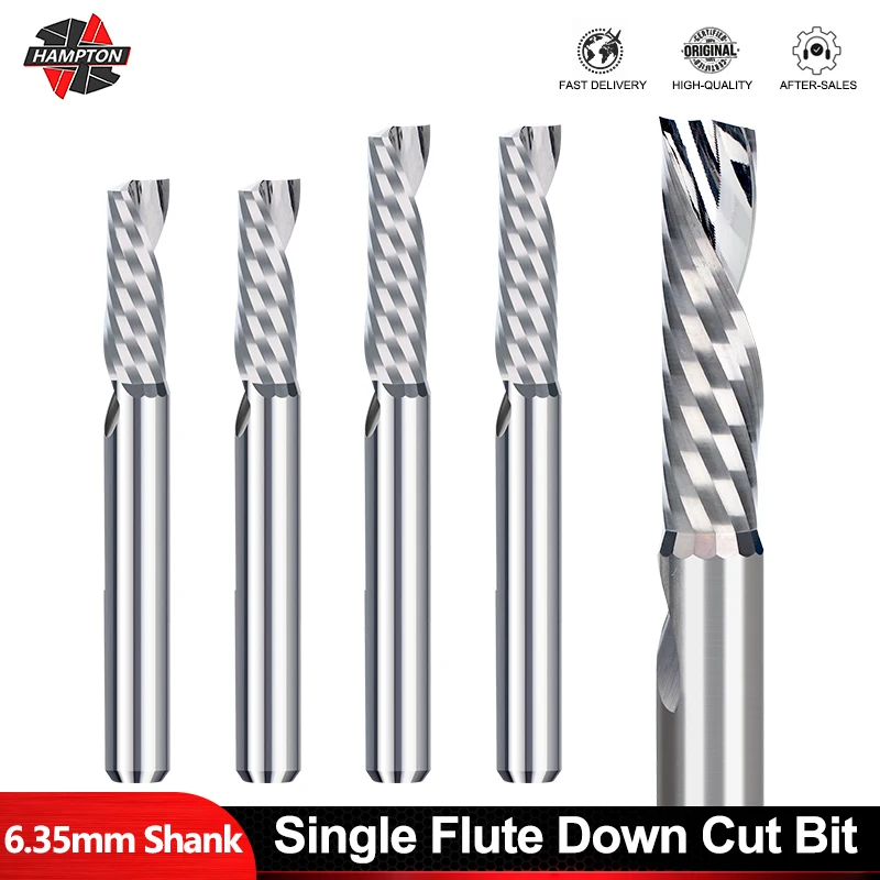 

HAMPTON 1PC CNC Router Bit Single Flute Down Cut Spiral End Mill 6.35 Shank Carbide Milling Cutter For Wood Acrylic PVC