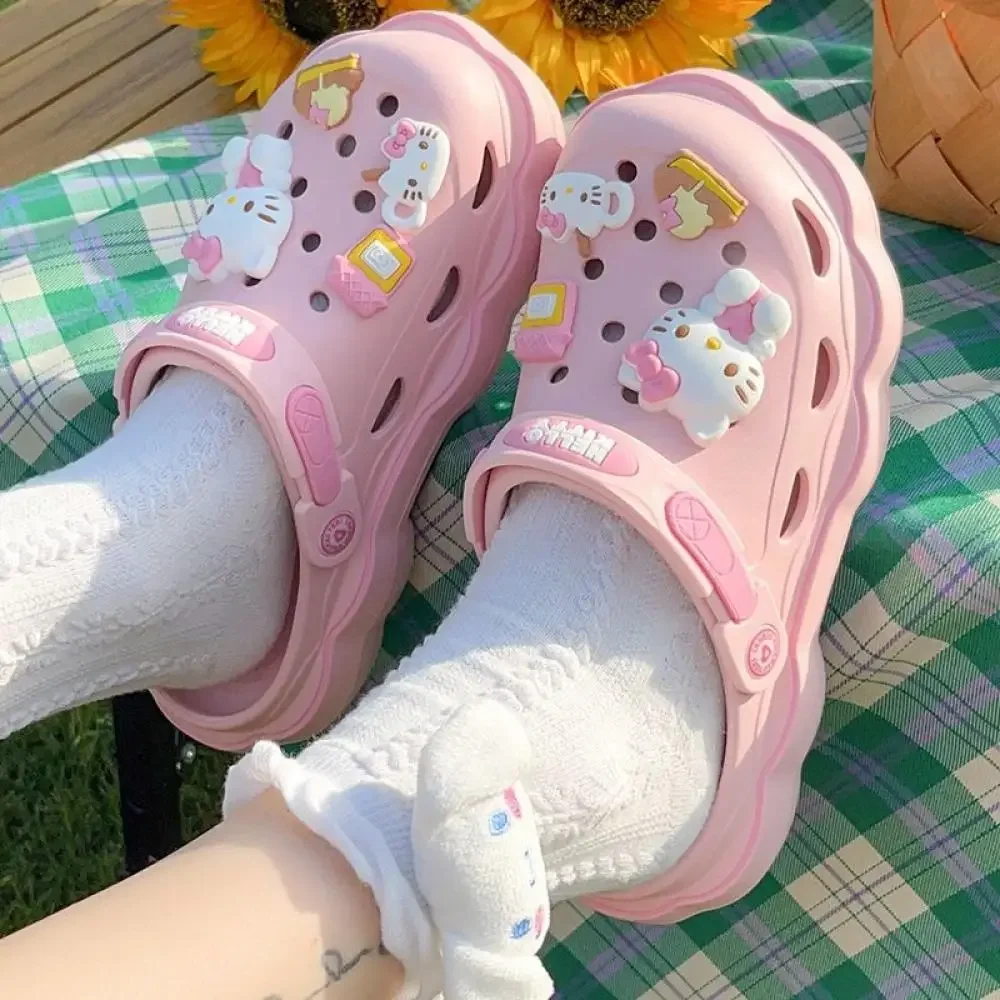 Sanrioed Y2K Hello Kitty Slippers Hole Sandals for Women Anime Kawaii Cinnamoroll Kuromi Eva Thick Bottom Heightening Casual