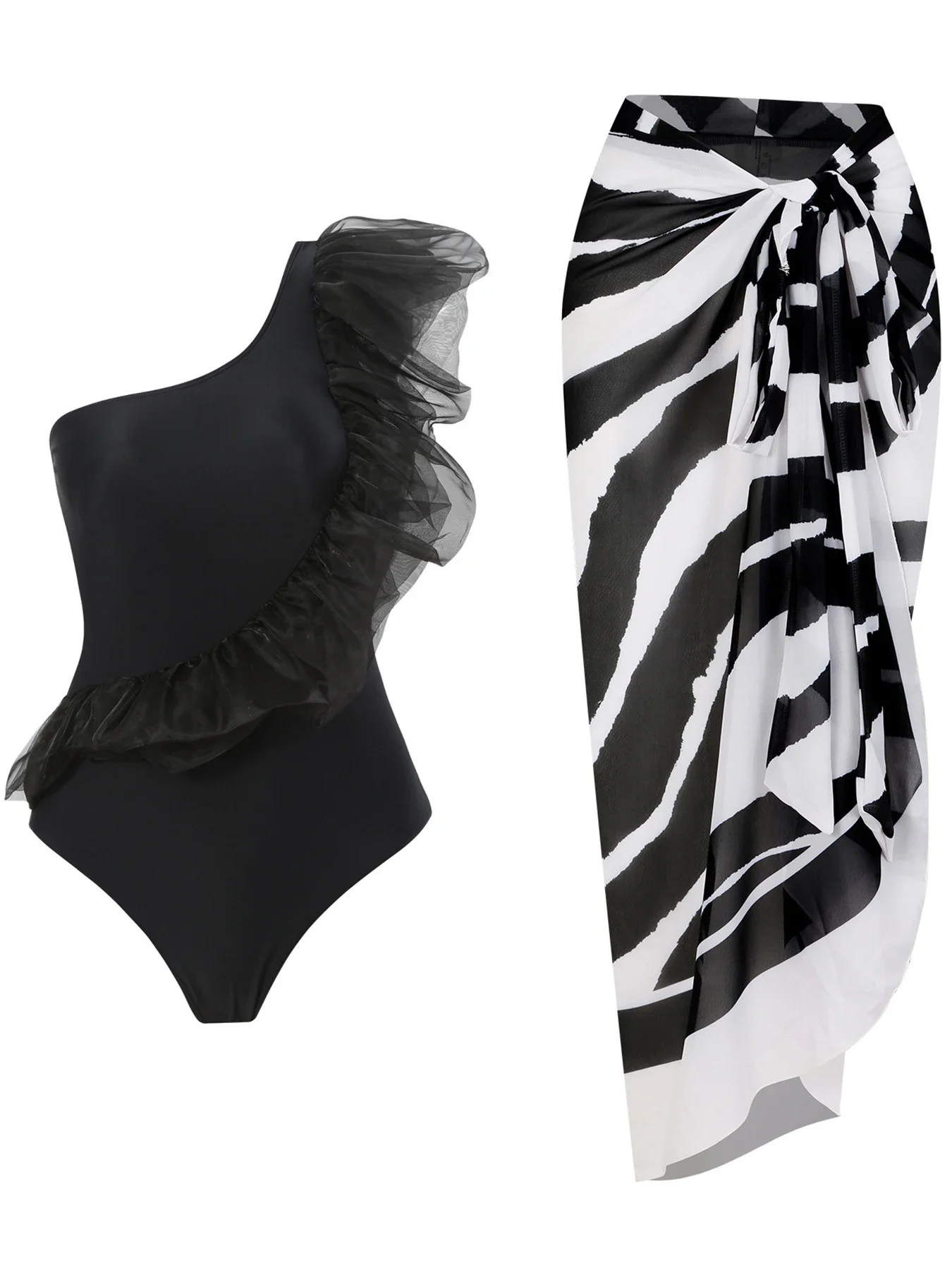 

2025 New Sexy One Shoulder Swimwear Women One Piece Swimsuit Female Chiffon Beach Sarong Bathing Suit Summer Beach Wear Monokini