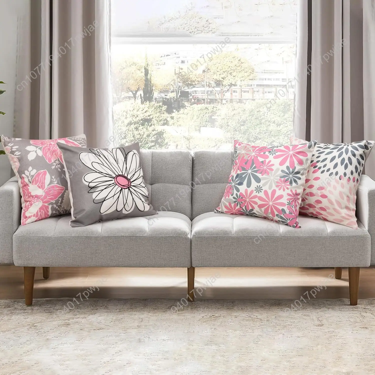Baidast Pink Decorative Throw Pillow Covers 18x18 Set of 4, Pink and Gray Modern Daisy Floral Pillows Linen Pillow Covers for Co