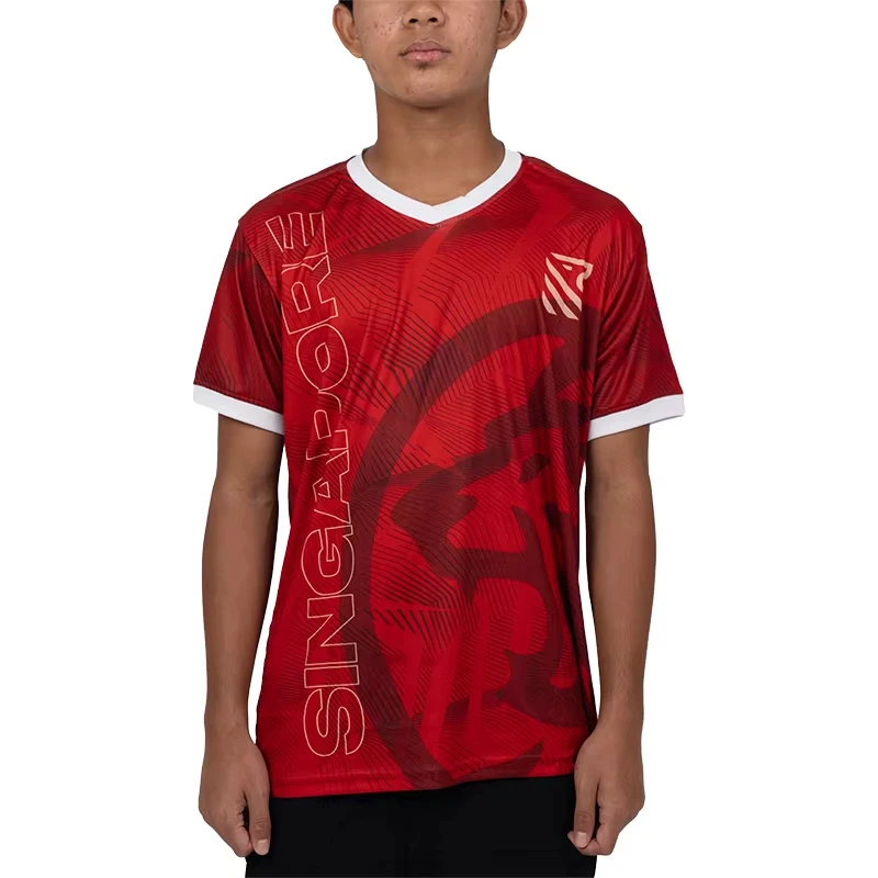 2026 New Singapore Red V Neck Sports Jersey Leaf Texture All Over Print Athletic Short Sleeve Shirt Family Clothing Quick Drying