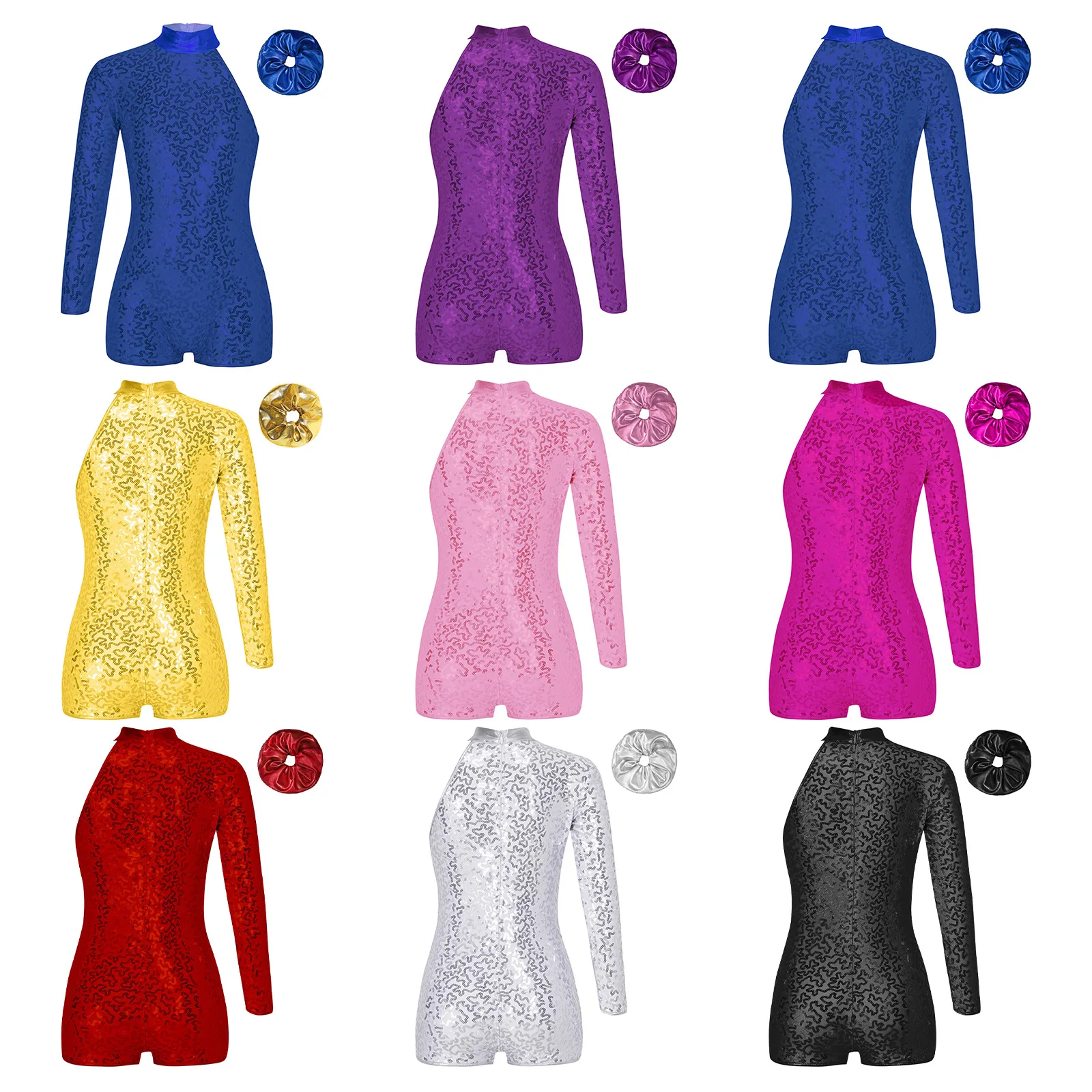 

Girls Jazz Dance Outfit Modern Gymnastic Skating Dancewear One Shoulder Long Sleeve Shiny Sequins Zipper Leotard with Hair Band